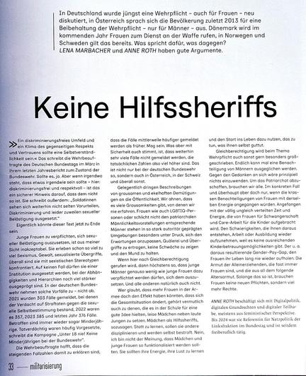 Keine Hilfssheriffs

Ein diskriminierungsfreies Umfeld und ein Klima des gegenseitigen Respekts und Vertrauens sollte eine Selbstverständlichkeit sein.« Das schreibt die Wehrbeauftragte des Deutschen Bundestags im März in ihrem letzten Jahresbericht zum Zustand der Bundeswehr. Sollte es, ja. Aber wenn irgendwo steht, dass etwas irgendwie sein sollte - hier: diskriminierungsfrei und respektvoll - ist das ein sicherer Hinweis darauf, dass dem nicht so ist. Sie schreibt außerdem: „Soldatinnen sehe…
