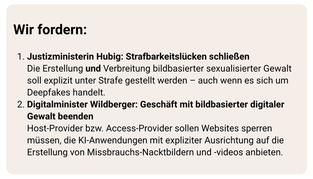  Wir fordern:

 1.   Justizministerin Hubig: Strafbarkeitslücken schließen
    Die Erstellung und Verbreitung bildbasierter sexualisierter Gewalt soll explizit unter Strafe gestellt werden – auch wenn es sich um Deepfakes handelt.
 2.   Digitalminister Wildberger: Geschäft mit bildbasierter digitaler Gewalt beenden
    Host-Provider bzw. Access-Provider sollen Websites sperren müssen, die KI-Anwendungen mit expliziter Ausrichtung auf die Erstellung von Missbrauchs-Nacktbildern und -videos anbie…