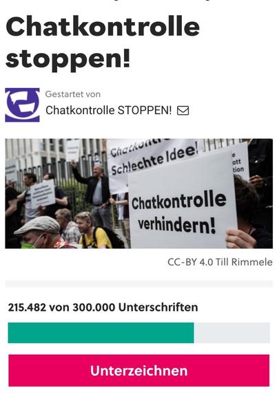 Screenshot Petition Chatkontrolle stoppen.
215.482 Unterschriften