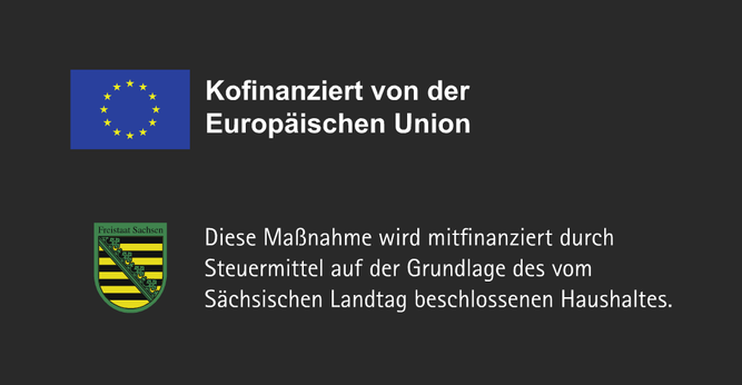 In diesen Förderhinweis ist zuerst die Flagge der europäischen Union abgebildet. Daneben steht: Kofinanziert von der Europäischen Union. Darunter ist das altmodische Wappen des Freistaates Sachsen platziert, daneben steht: Diese Maßnahme wird mitfinanziert durch Steuermittel auf der Grundlage des vom Sächsischen Landtag beschlossenen Haushaltes.