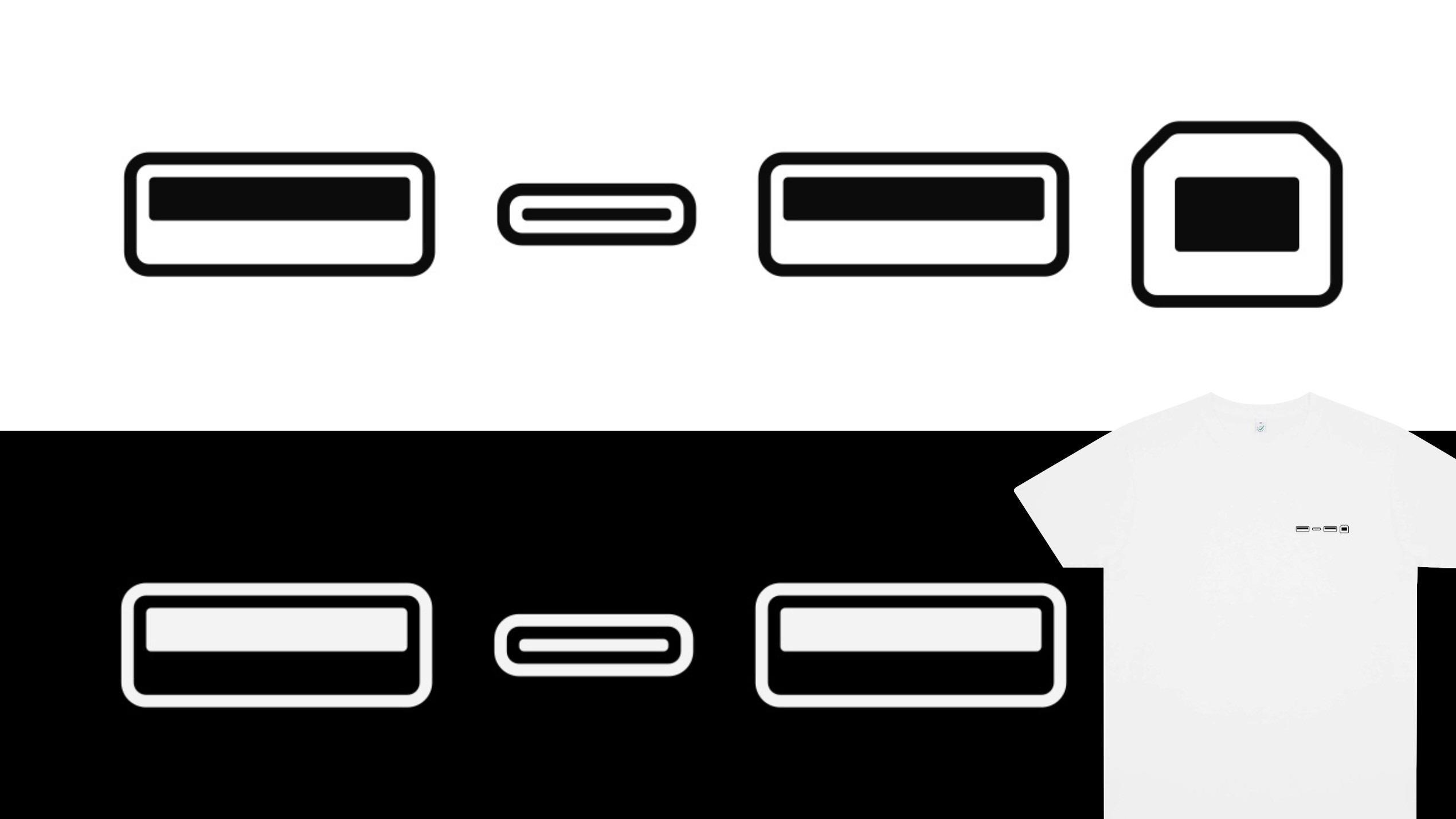 Das Bild zeigt schwarz-weiße Symbole von USB-Anschlüssen: oben USB-A, Micro-C, USB-A, USB-B; unten dasselbe plus T-Shirt mit "USB"-Print.