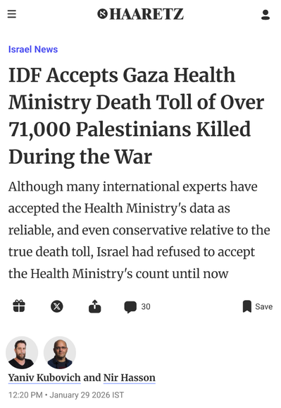 Israel News

IDF Accepts Gaza Health Ministry Death Toll of Over 71,000 Palestinians Killed During the War

Although many international experts have accepted the Health Ministry's data as reliable, and even conservative relative to the true death toll, Israel had refused to accept the Health Ministry's count until now

יניב קובוביץNir Hasson
Yaniv Kubovichand Nir Hasson
12:20 PM • January 29 2026 IST
