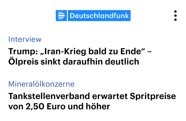 Logo Deutschlandfunk

Interview
Trump: „Iran-Krieg bald zu Ende“ – Ölpreis sinkt daraufhin deutlich

Tankstellenverband erwartet Spritpreise von 2,50 Euro und höher
