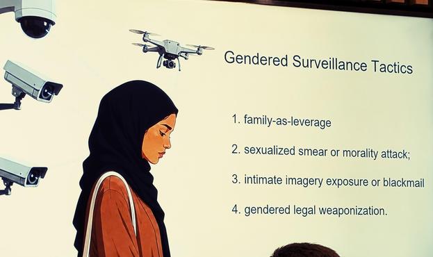 Präsentationsfolie mit Text und Grafiken, die Überwachungskameras, Drohnen und eine Frau mit Kopftuch darstellen, die nach unten guckt.

Text: Gendered Surveillance Tactics
1. family as leverage
2. Sexualized smear or morality attack
3.intimate imagery exposure or blackmail
4. Gendered legal weaponization