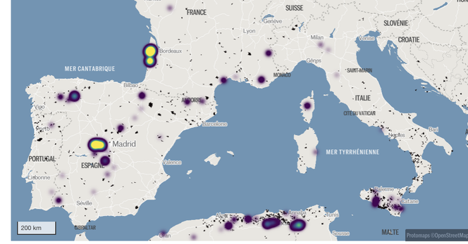 Kartenausschnitt, der Südwesteuropa und den Maghreb zeigt, mit violetten und gelben runden Markierungen in Spanien, Frankreich, Sizilien, Tunesien, Algerien. Gelbe größere Markierungen bei Madrid und Bordeaux.